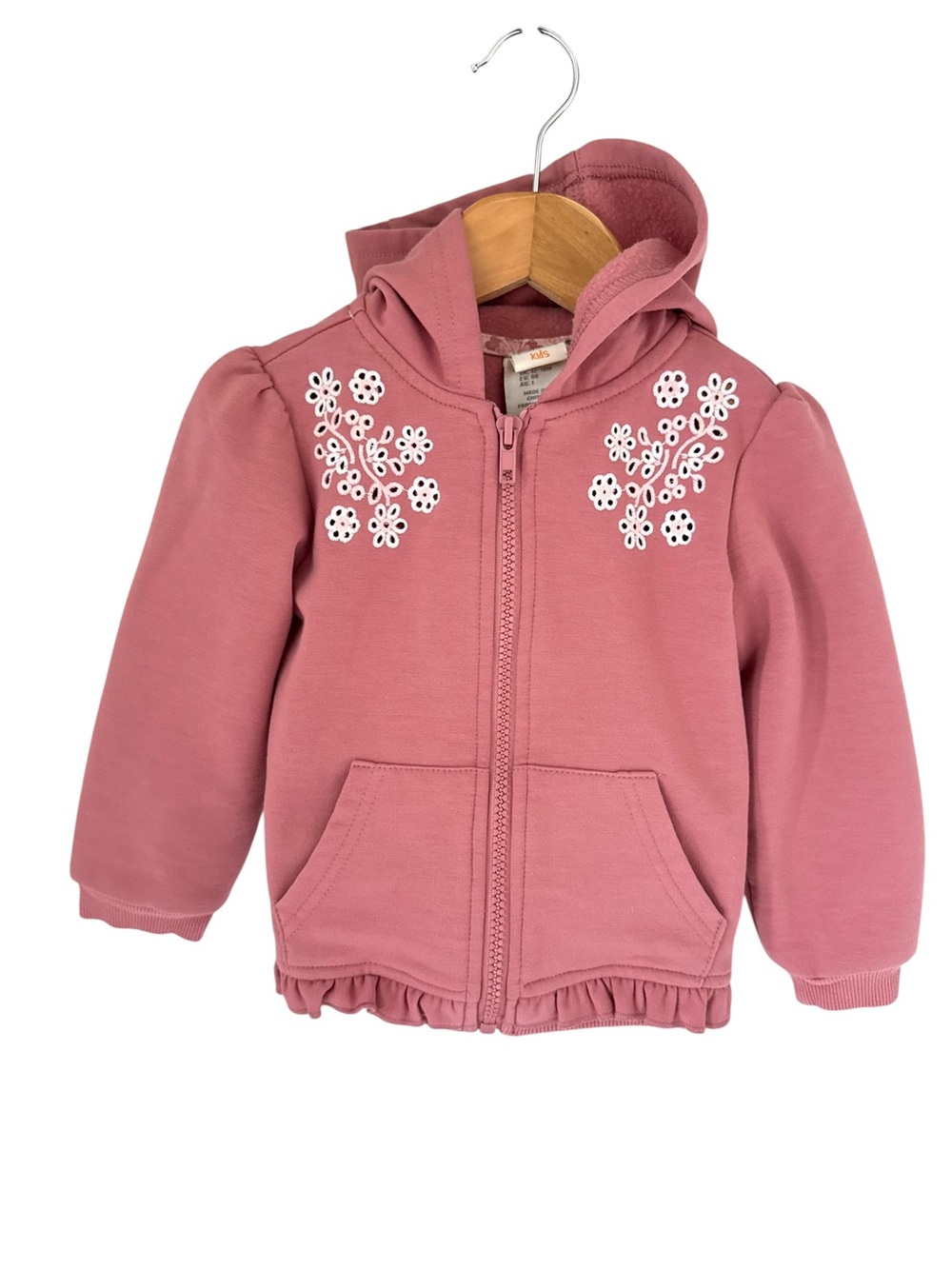 C&C California Pink Hooded Zip-Up with White Floral Appliqué